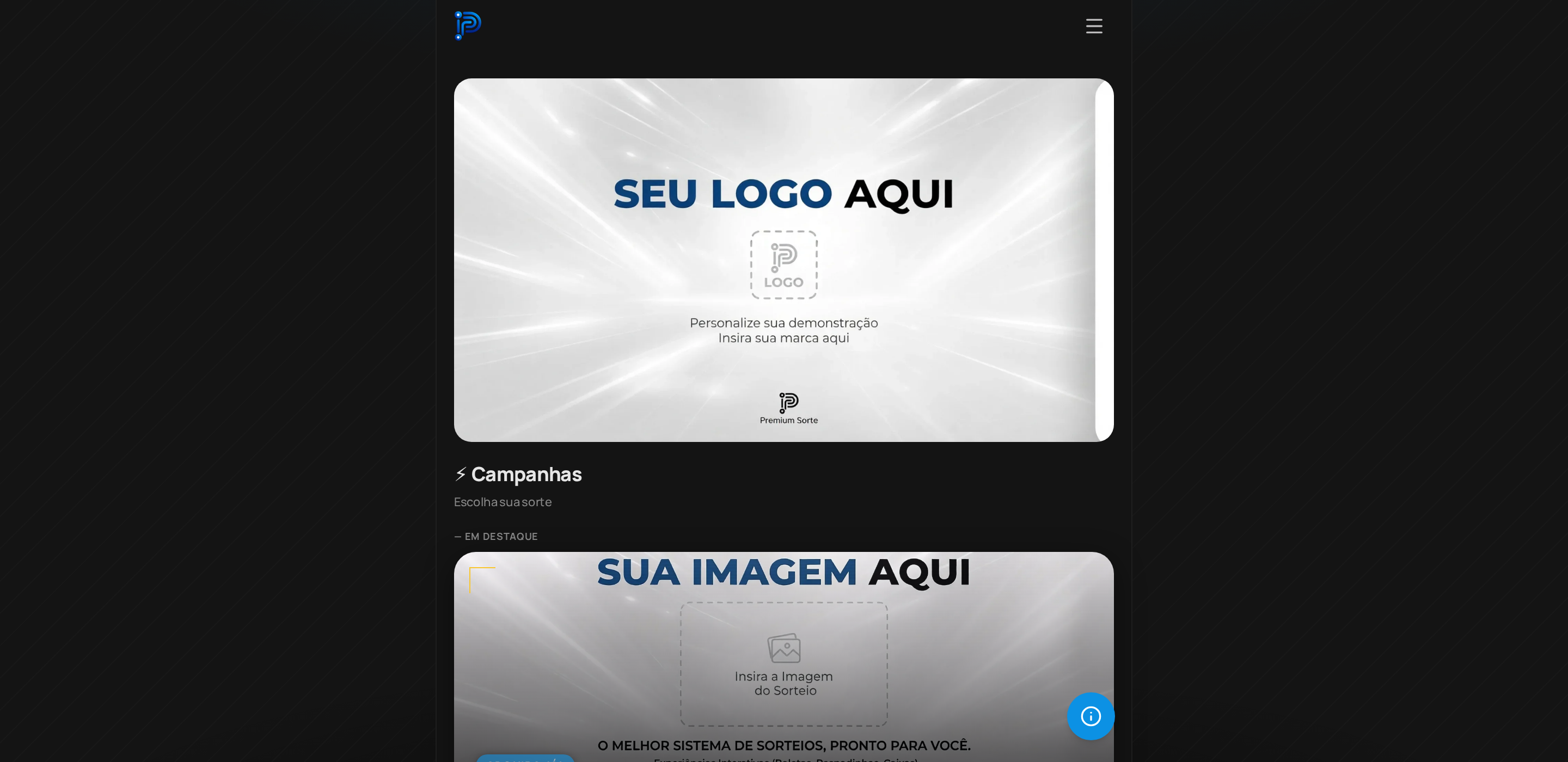 Tela do sistema de rifas da Premium Sorte: storefront da campanha com Pix e gestão de cotas